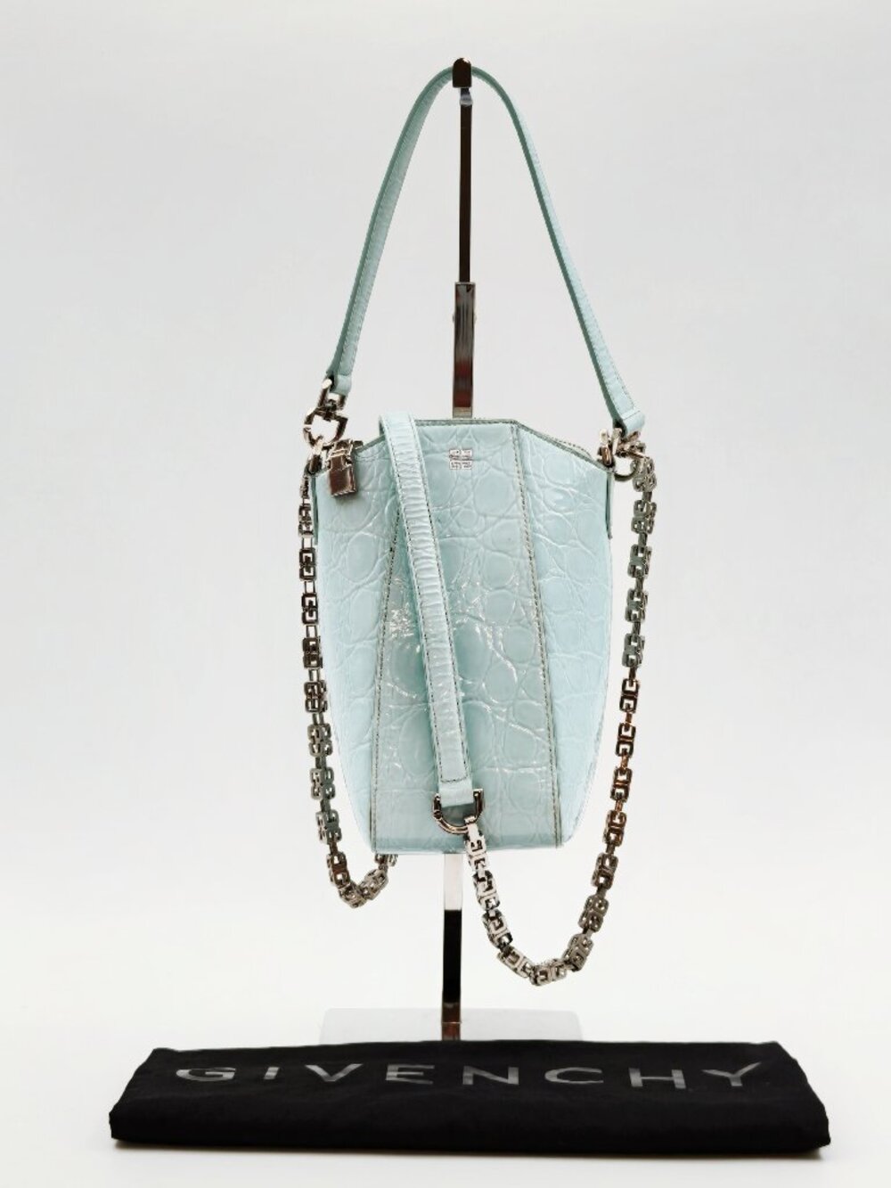 Givenchy Vintage 4G Croc Embossed Leather Mini Chain Shoulder Bag Aqua Blue